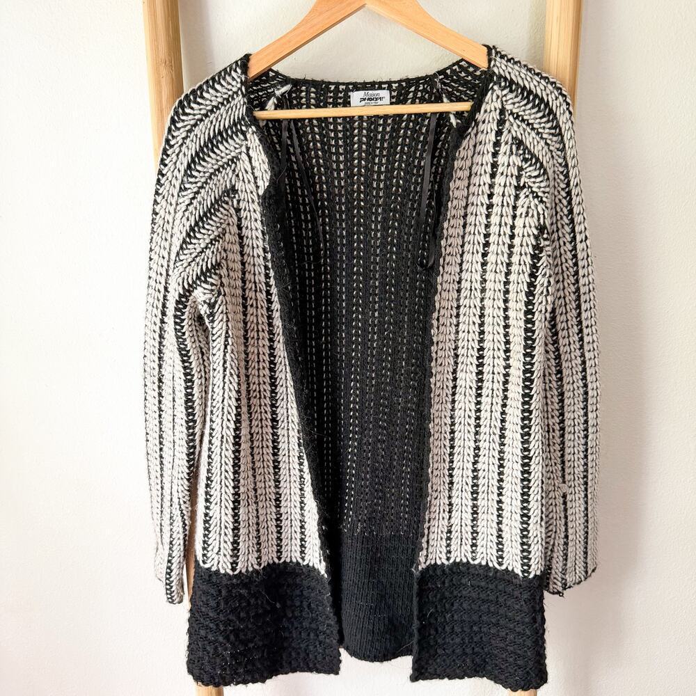 Maison Pholya Italy Cardigan Open Knit Black Cream Alpaca Blend Size Small